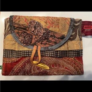 Pocket For Peace Purse, Clutch Bag Upcycled Unique One Of A Kind Brown Strap